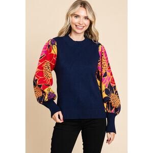 Jodiful Women’s Floral Balloon Sleeve Sweater S Colorblock Navy Pink Mock Neck